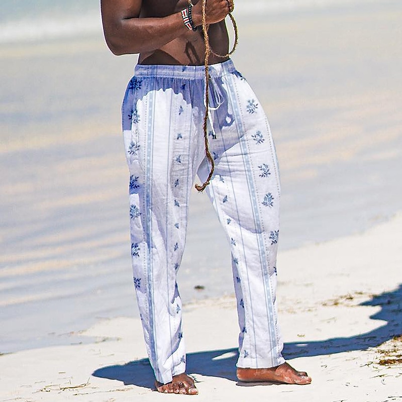 Beach Pants Floral Mens Graphic | Summer Daily Holiday White | Ethnic Striped | Trousers Drawstring Elastic Waist 3D Print Leaf Prints Comfort Casual Streetwear Hawaiian4