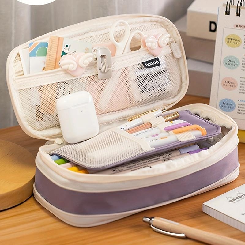 Multifunctional Cosmetic Bag Macaroon Big Capacity Double-layer Canvas Pencil Case Travel Storage Pouch School Supplies, Back to School Gift2