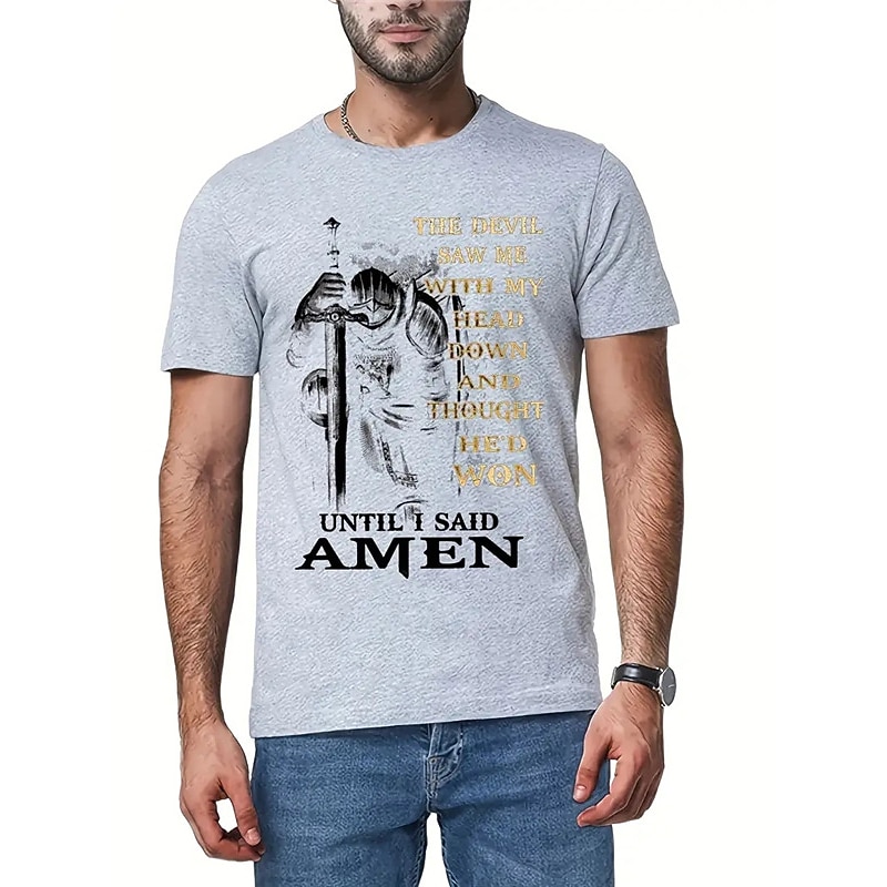 Men's Inspirational Knight Graphic T-Shirt: 'The Devil Saw Me Until I Said Amen' Faith Design3