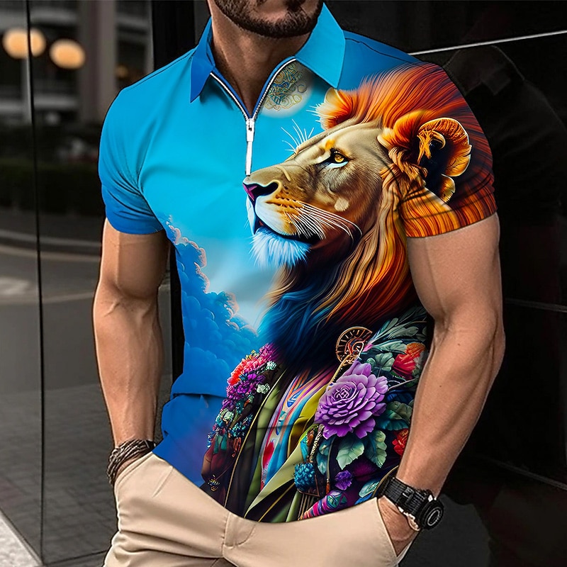 Men's Lion Zip Polo Shirts Golf Shirt Short Sleeve Polo Shirts Collared Shirts Casual Funny Streetwear Vacation Wear Party Outfits 3D Print Quarter Zip Polo Pink Army Green Royal Blue4