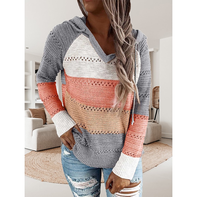 Women's Pullover Sweater Jumper Casual Soft Color Block Crochet Hooded Thin Long Sleeve Tunic Knit Work Daily Holiday Black Wine Fall Winter
