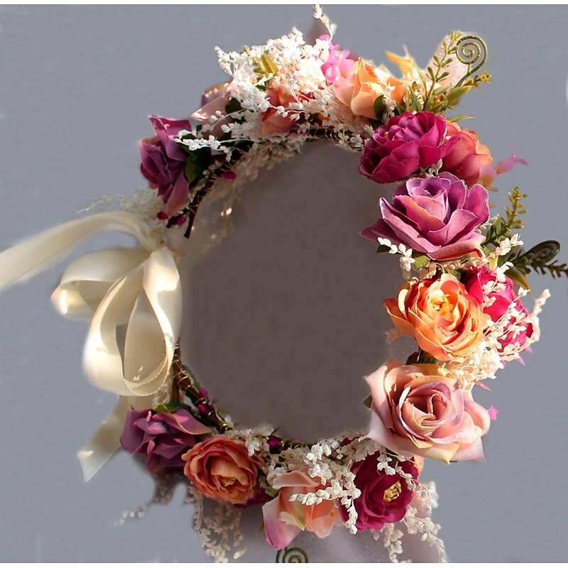 Women Floral Crown Rose Flower Headband Hair Wreath Floral Headpiece Halo Boho with Ribbon Wedding Party Festival Photos by Vivivalue2