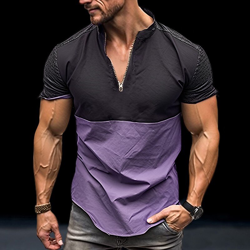 Men's T Shirt Tee Top Short Sleeves Standing Collar Summer Color Block Fashion Designer Basic Vacation Street Going out Blue Purple Brown Top Tee for Men2