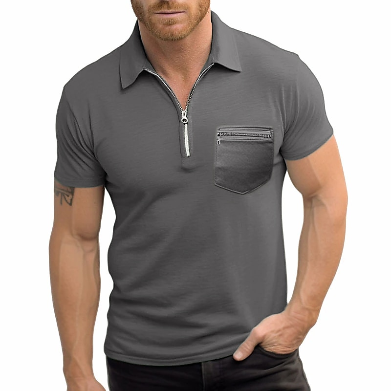 Men's Zip Polo Golf Shirt Outdoor Sports Lapel Quarter Zip Short Sleeve Fashion Modern Plain Zipper Pocket Summer Regular Fit Black Navy Blue Military Green Gray Zip Polo3