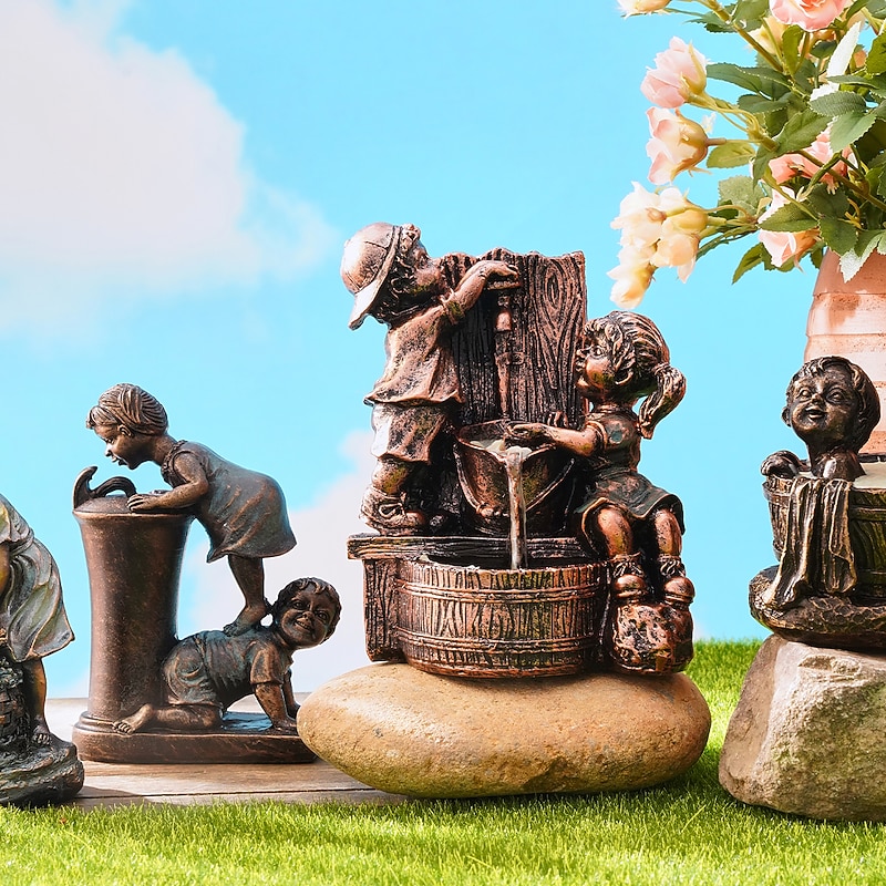 Garden Water Fountain Statue Fluorescent Light at Night Childish Whimsy Antique Bronze Fountain Sculpture Landscaping Decoration for Garden Lawn Patio Balcony Art Decor3