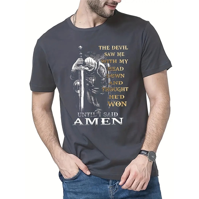 Men's Inspirational Knight Graphic T-Shirt: 'The Devil Saw Me Until I Said Amen' Faith Design