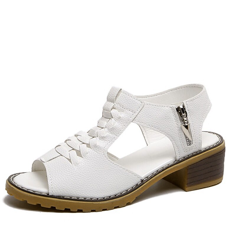 Women's Sandals Block Heel Sandals Daily Beach Solid Color Solid Colored Summer Block Heel Low Heel Peep Toe Casual PU Leather PU Zipper Black White Beige3