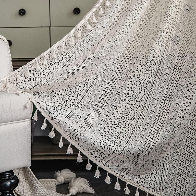 Boho Curtain 1 Panel White Farmhouse Curtain Drapes For Living Room Bedroom, Curtain for Kitchen Balcony Door Window Treatments With Tassels