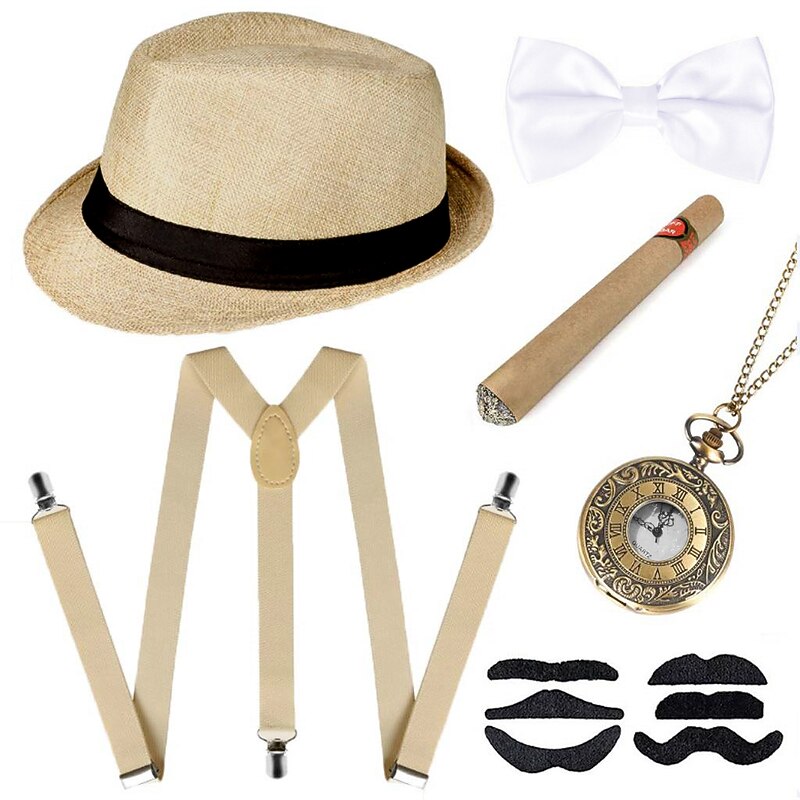 Retro Vintage Roaring 20s 1920s Panama Hat Accesories Set Accessories Set The Great Gatsby Fancy Dress Men's Masquerade Bachelorette Party Adults' Bow Hat Suspenders2