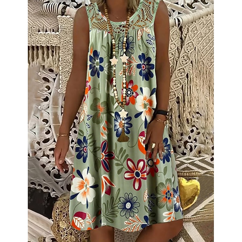 Women's Shift Dress Knee Length Dress White Black Army Green Fuchsia Navy Blue Sleeveless Floral Print Spring Summer Round Neck Hot Casual Boho Loose 2023 M L XL XXL 3XL 4XL 5XL4