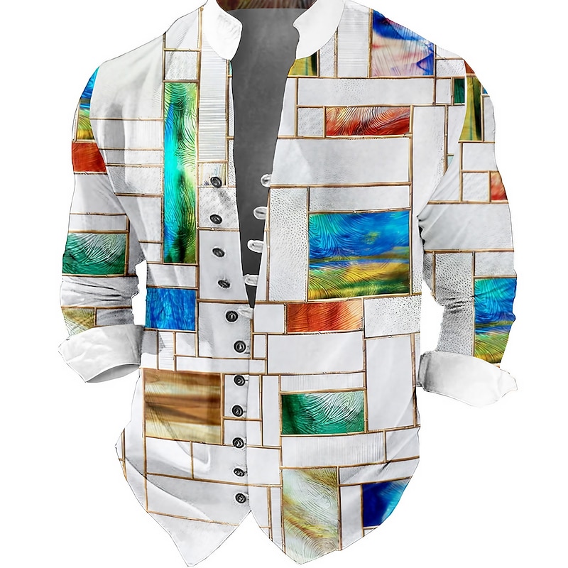 Men's Color Block Geometric Pattern Geometry Shirt Button Up Shirt Long Sleeve Fashion Streetwear Designer Outdoor Casual Daily Summer Spring Fall Stand Collar Print Light Green Blue Purple Green Gray