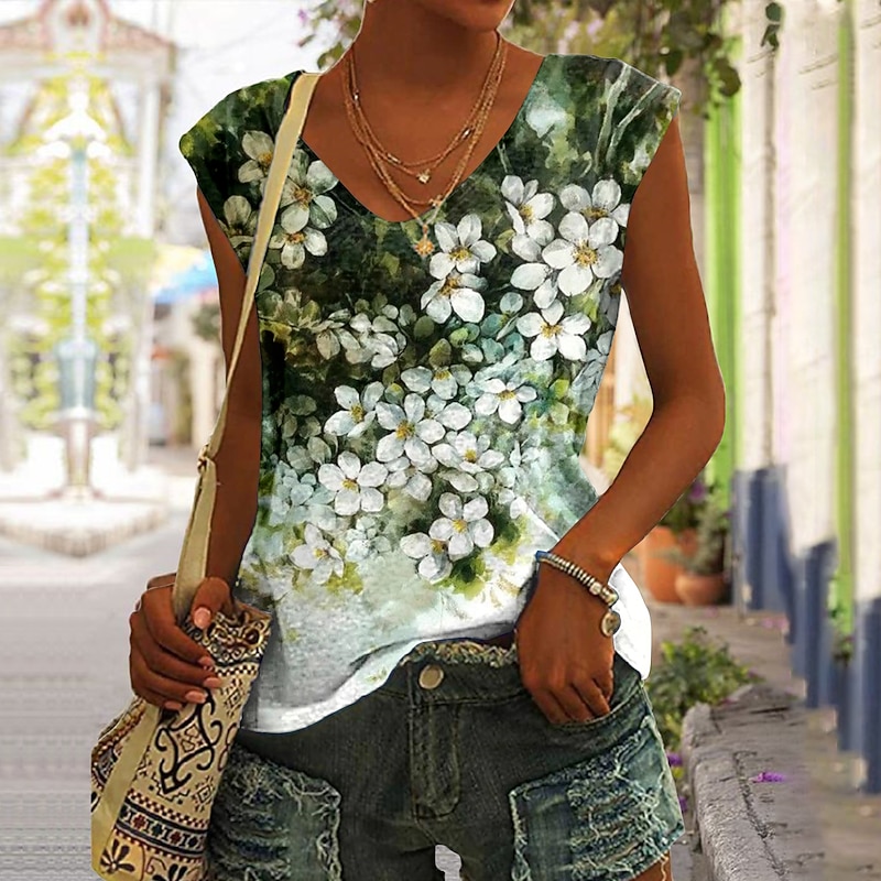 Women's Camisole Tank Top Basic Floral Print Sleeveless Regular Tops V Neck Casual Holiday Blue Purple Green