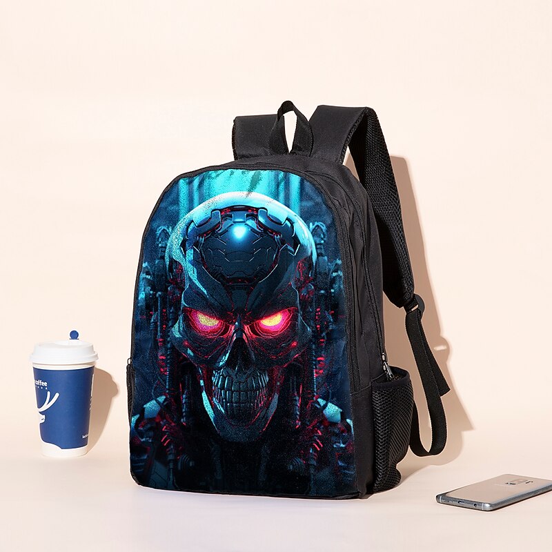 Large Capacity Cyber Skull Backpack for Teens – Futuristic Red-Eye Robot Print Laptop Bag with USB Port for School or Travel4