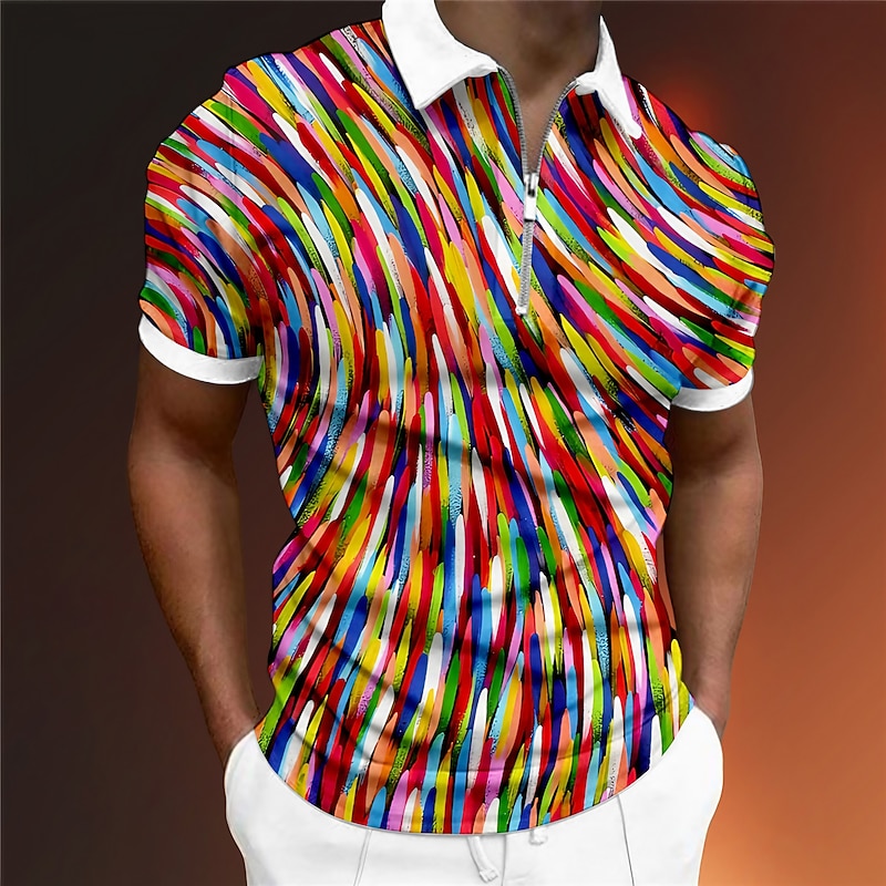 Men's Graphic Zip Polo Shirts Golf Shirt Short Sleeve Polo Shirts Collared Shirts Casual Vacation Wear Rave Wear Party Outfits 3D Print Quarter Zip Polo Light Green Red Blue