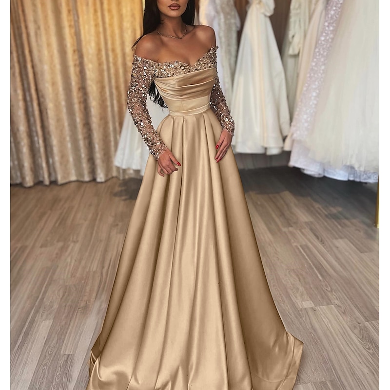 Ball Gown Gold Evening Gown Hot Dress Engagement Wedding Reception Sweep / Brush Train 3/4 Length Sleeve Off Shoulder Satin with Sequin4