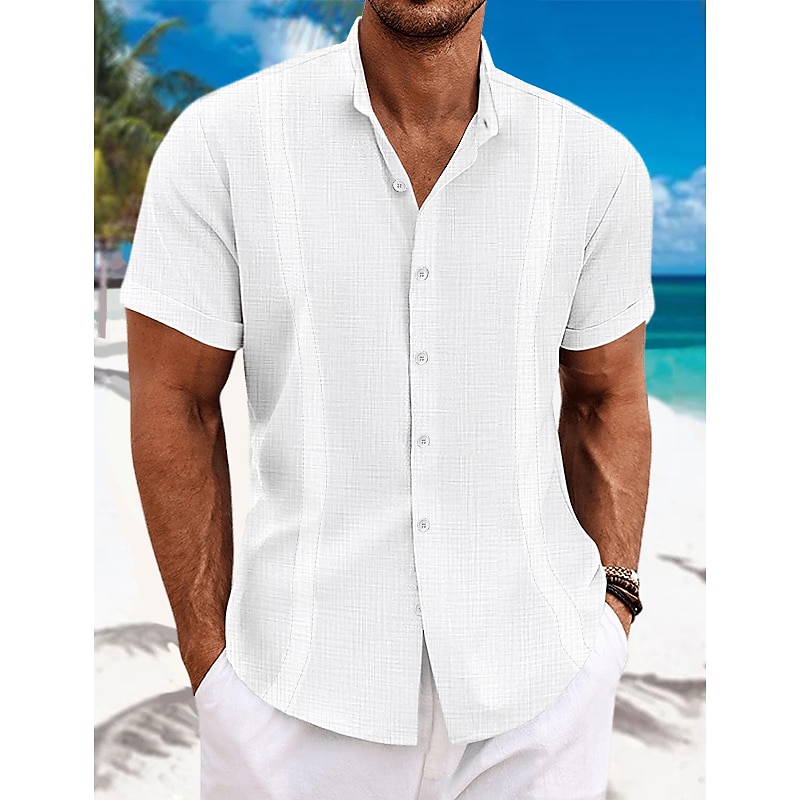 Men's Shirt Linen Shirt Guayabera Shirt Band Collar Shirt Summer Shirt Beach Wear Plain Vacation Curise Black White Blue Green Short Sleeve Collar Summer Clothing Apparel2