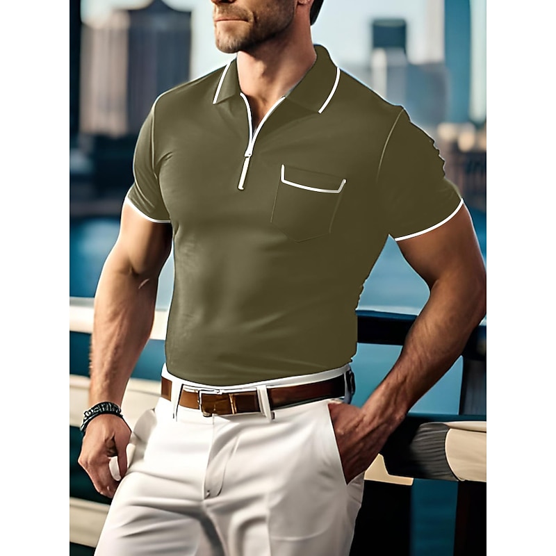 Men's Polo Shirts Zip Polo Outdoor Sports Lapel Quarter Zip Short Sleeve Fashion Modern Plain Zipper Front Pocket Summer Regular Fit Black Green Dark Blue Gray Polo Shirts4