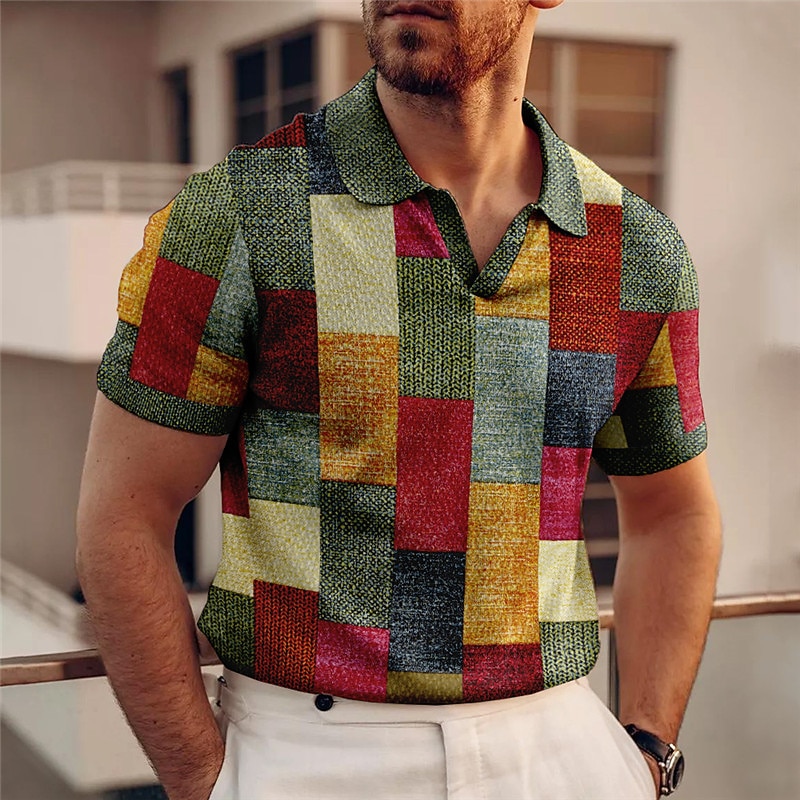 Men's Plaid Polo Shirts Golf Shirt Short Sleeve Polo Shirts V Neck Vintage Casual Vacation Wear Formal Wear Festival Wear 3D Print Yellow Light Green Blue