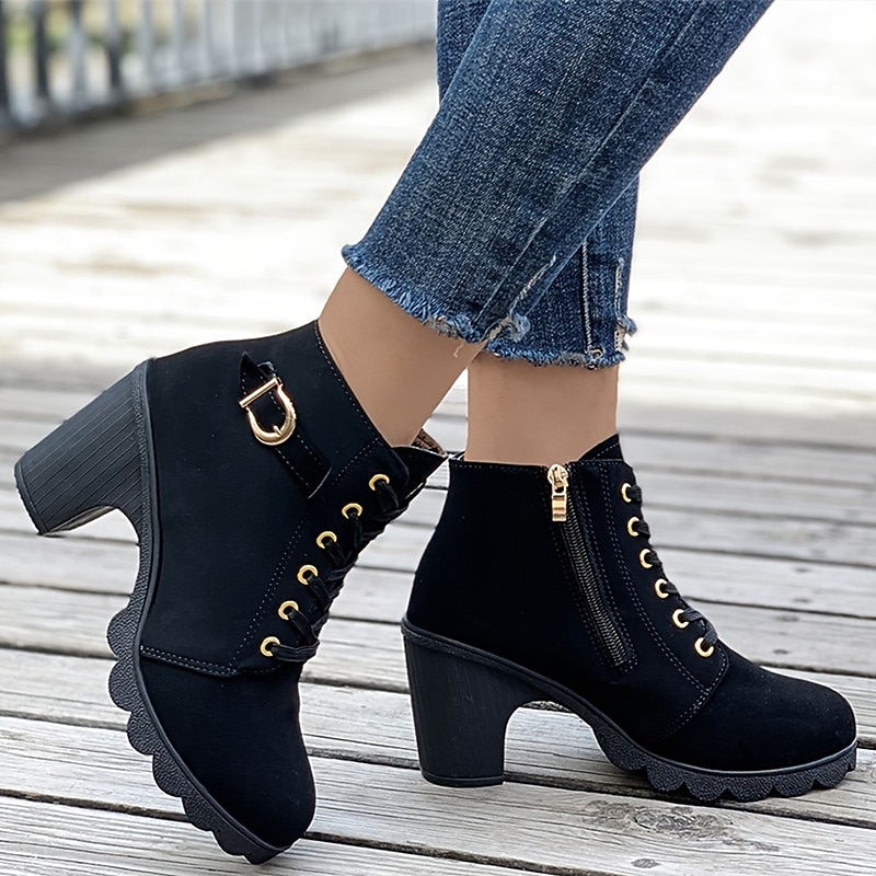 Women's Black Chunky Heel Ankle Boots with Lace-Up Design - Trendy and Comfortable, Ideal for Casual Wear, Parties, and Night Outs