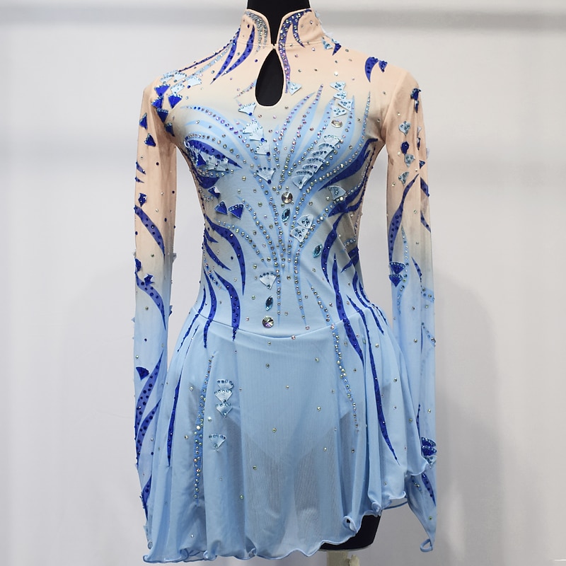 Figure Skating Dress Women's Girls' Ice Skating Dress Outfits Sky Blue Mesh Spandex High Elasticity Competition Skating Wear Handmade Crystal / Rhinestone Long Sleeve Ice Skating Figure Skating