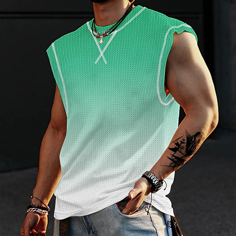 Men's Waffle Shirt Waffle Tank Top Tank Top Vest Top Sleeveless Crew Neck Summer Gradient Fashion Designer Muscle Outdoor Going out Gym Pink Blue Orange Top Tee for Men