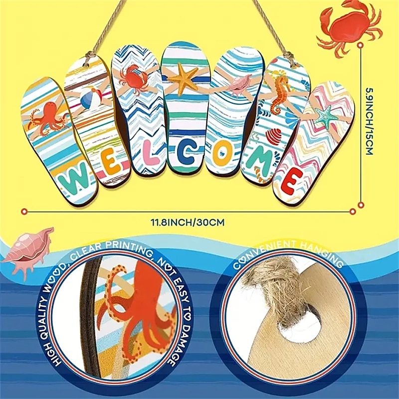 1pc Summer Slippers Wooden Hanging Sign Hello Summer Rustic Beach Plaque Welcome Beach Theme Decor For Door Wall Porch Indoor Outdoor 12 X 6 X 0.2 Inch Welcome Style Summer Party Home Decoration3