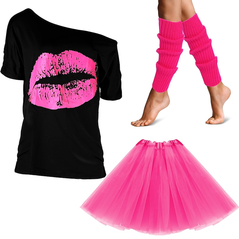80s Outfits Costumes for Women 1980s Accessories Leg Warmers Lip Print T-Shirt Tutu Halloween Party Carnival2
