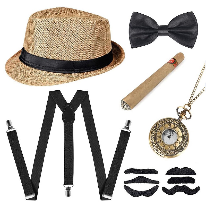 Retro Vintage Roaring 20s 1920s Panama Hat Accesories Set Accessories Set The Great Gatsby Fancy Dress Men's Masquerade Bachelorette Party Adults' Bow Hat Suspenders