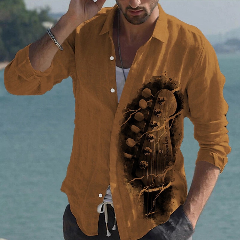 Men's Boardmasters Music Guitar Shirt Button Up Shirt Long Sleeve Fashion Streetwear Designer Outdoor Casual Daily Summer Spring Fall Turndown Print White Pink Brown Green2