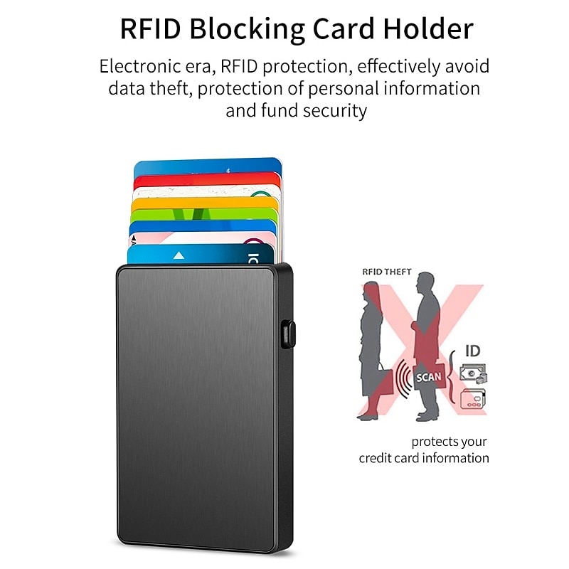 Slim Aluminum Card Holder Wallet ID Credit Card Holder Mini RFID Blocking Automatic Pop Up Bank Card Case Organizer3