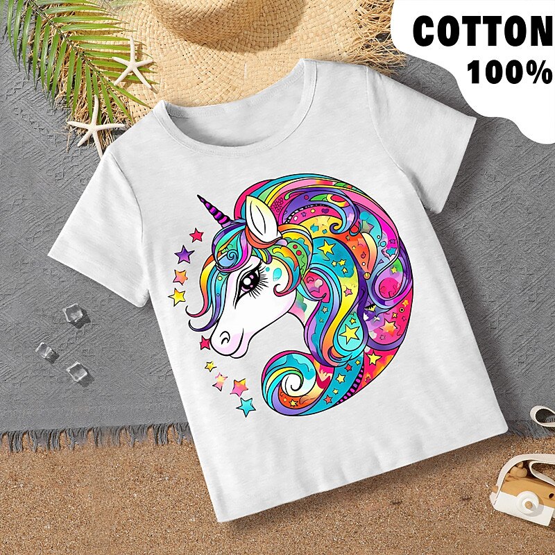 Girls' 3D Graphic Rainbow Unicorn T shirt Tee Short Sleeve 3D Print Summer Spring Active Fashion Cute 100% Cotton Kids 3-12 Years Outdoor Casual Daily Regular Fit4