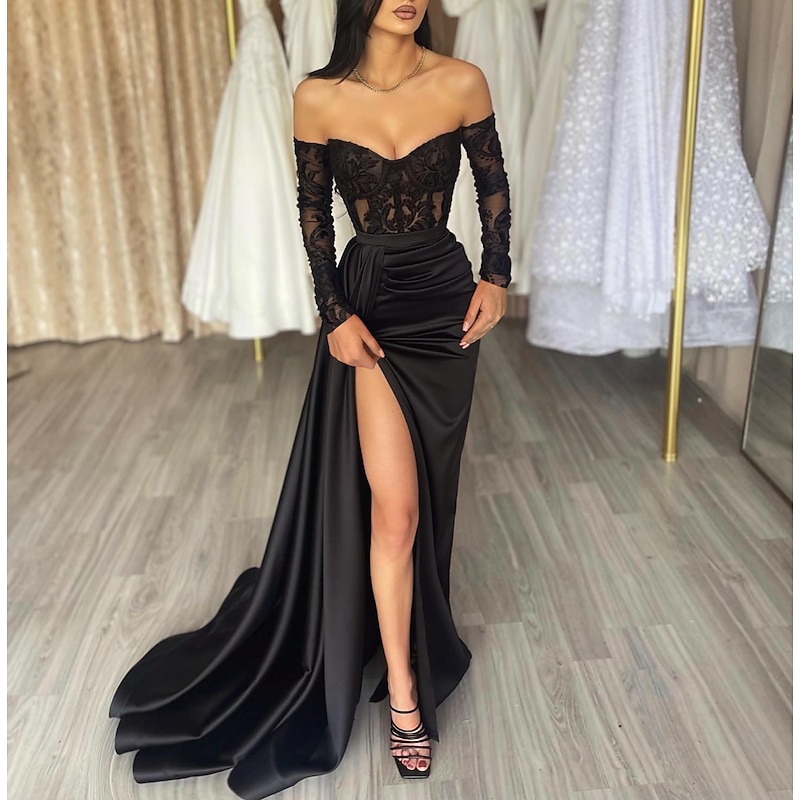 Mermaid Black Evening Gown See Through Dress Formal Wedding Guest Floor Length Long Sleeve Off Shoulder Fall Wedding Reception Satin with Appliques Masquerade Dress
