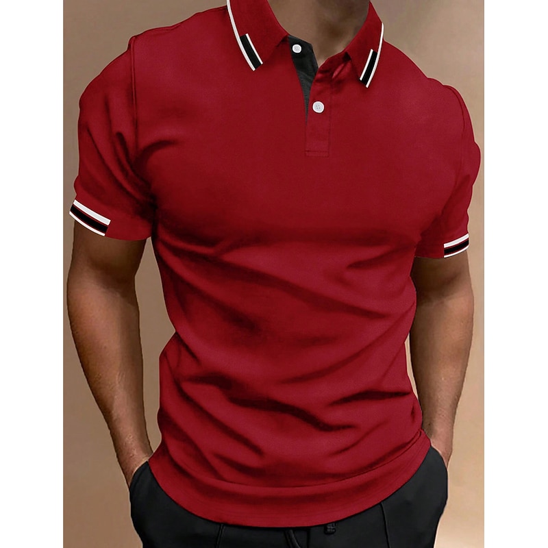 Men's Polo Shirt Golf Shirt Casual Sports Lapel Classic Short Sleeve Fashion Basic Patchwork Button Summer Regular Fit White Pink Red Navy Blue Green Polo Shirt