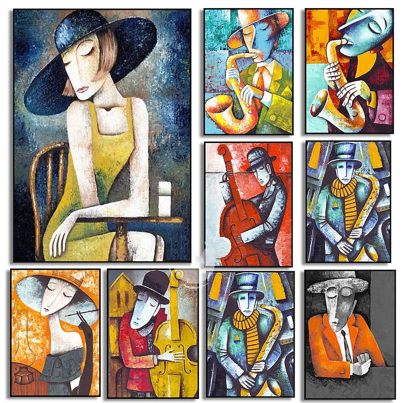 Abstract Picasso Man Playing Musical Instrument Poster Grace Woman Oil Painting on Canvas Nordic Jazz Violin Prints Home Decor