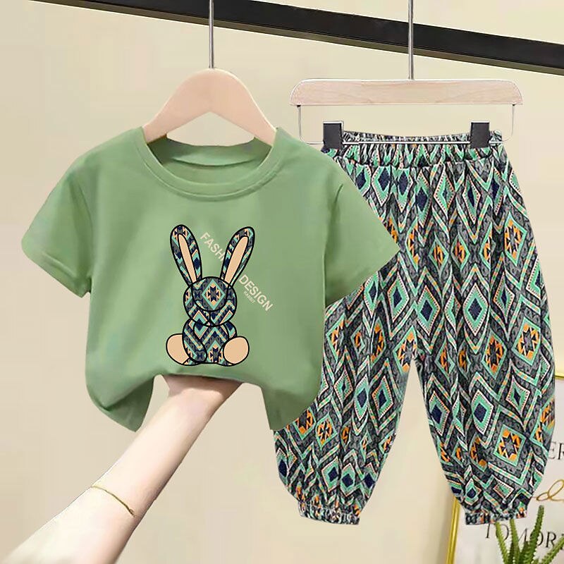 2 Pieces Kids Girls' Geometric Pants Suit Set Short Sleeve Fashion Outdoor Cotton 3-7 Years Summer Black White Yellow2