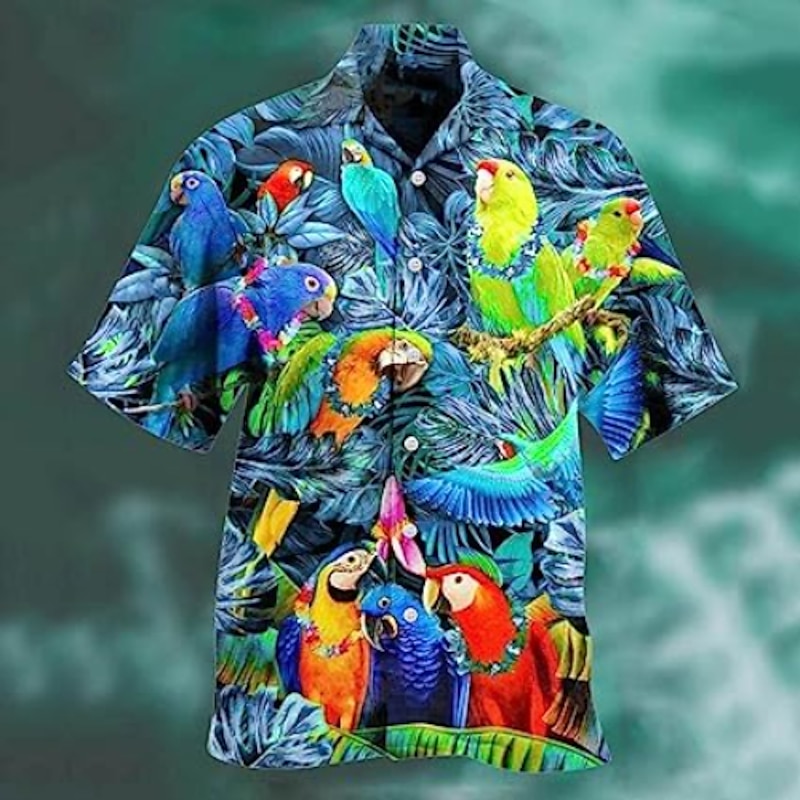 Men's Animal Parrot Palm Leaf Shirt Summer Hawaiian Shirt Camp Collar Shirt Short Sleeve Shirt Turndown Fashion Designer Casual Outdoor Street Casual Lake blue Sea Blue Red 3D Print S M L