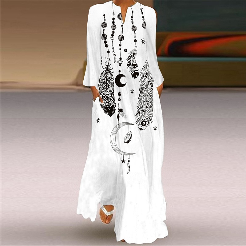 Women's Maxi Dress  Shift Dress Swing Dress Long Dress Green Blue Grey White Black Long Sleeve Feather Butterfly Pocket Print Summer Spring V Neck Stylish Casual Dress 2023 S M L XL XXL XXXL 4XL 5XL