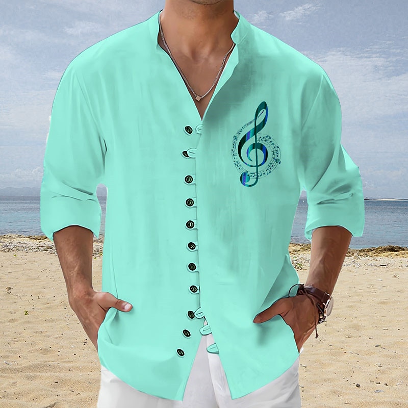 Men's Boardmasters Music Notes Shirt Button Up Shirt Long Sleeve Fashion Streetwear Designer Outdoor Casual Daily Summer Spring Fall Stand Collar Print Blue-Green Pink Blue Green Gray2
