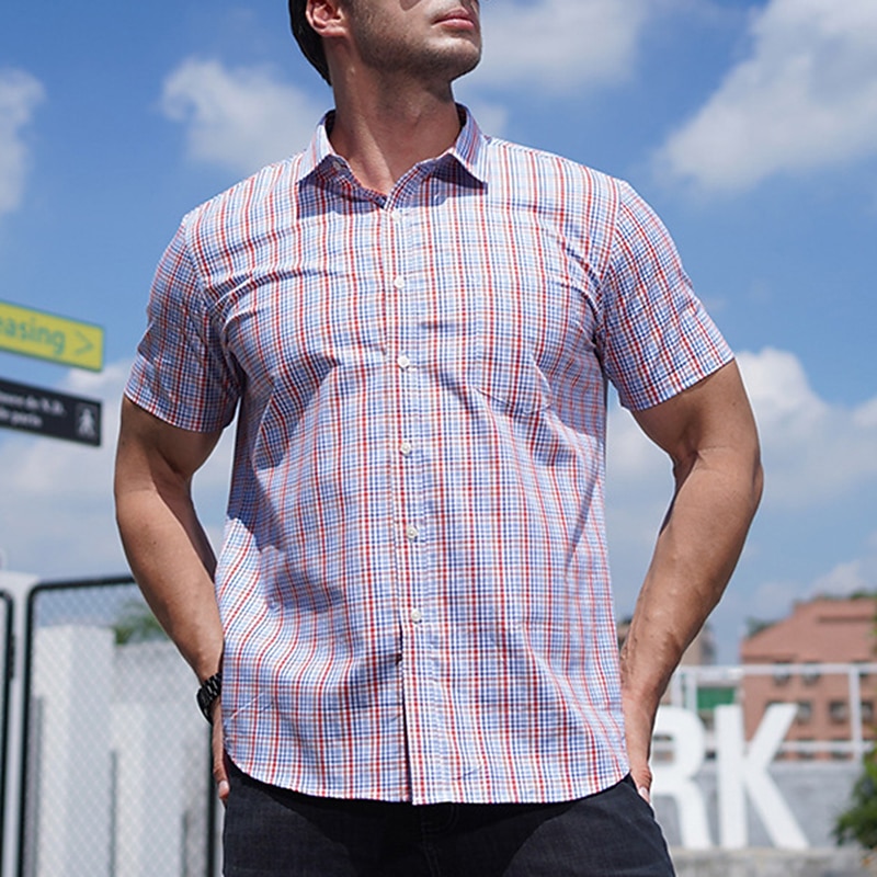 Men's Shirt Dress Shirt Plaid Office & Career Wedding Party Light Pink Light Blue Pink Dark Pink Short Sleeve Lapel Summer Clothing Apparel3