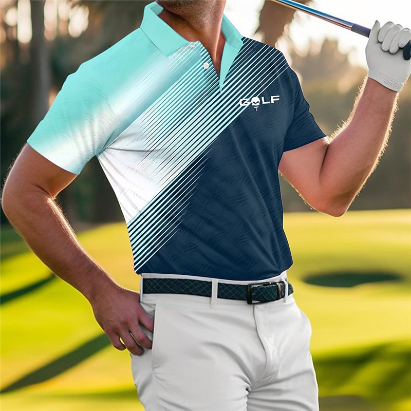Men's Striped Sports Polo Shirts Golf Shirt Short Sleeve Polo Shirts Collared Shirts Casual Sportswear Vacation Wear Buttons 3D Print Blue-Green Red Blue2