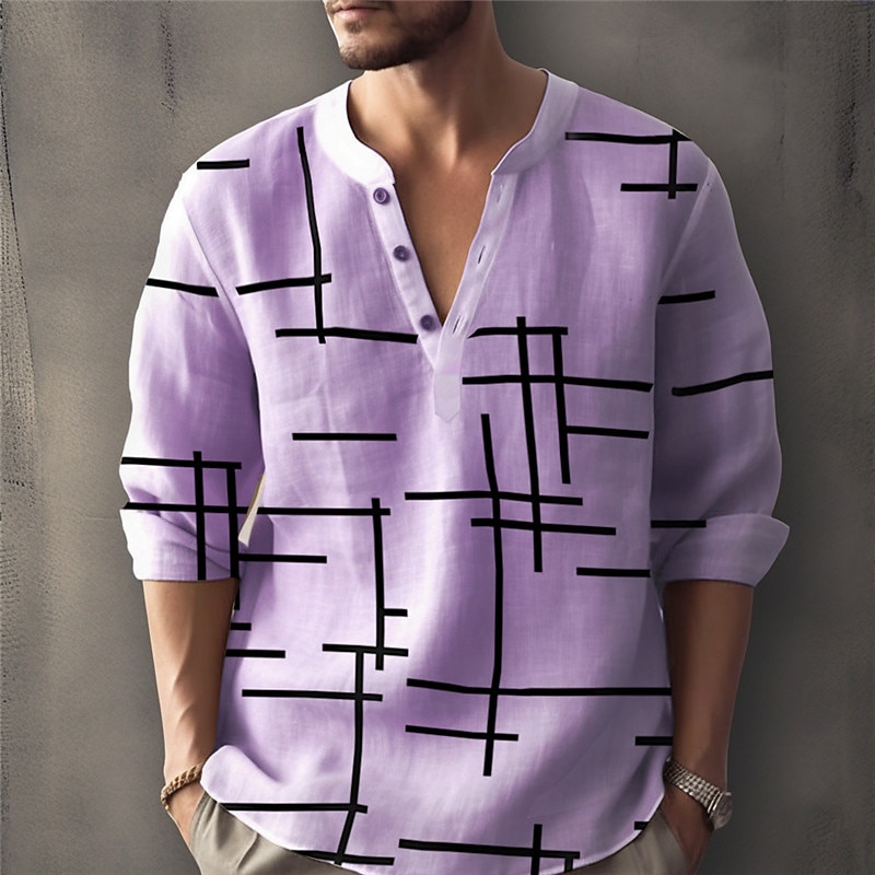 Men's Geometric Pattern Geometry Shirt Linen Shirt Button Up Shirt Long Sleeve Fashion Streetwear Designer Street Daily Summer Spring Fall Stand Collar Print White Pink Blue Purple Green4