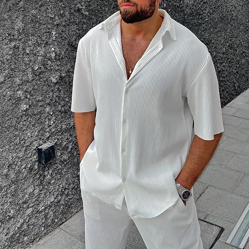 Men's Shirt 2 Piece Shirt Set Casual Shirt White Blue Short Sleeves Plain Lapel Street Vacation Basic Clothing Apparel Fashion Leisure4