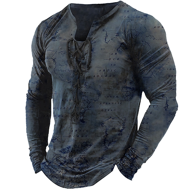 Men's T Shirt Graphic World Map Collar Clothing Apparel 3D Print Daily Going out Long Sleeve Lace up Print Polyester Fashion Designer Comfortable2