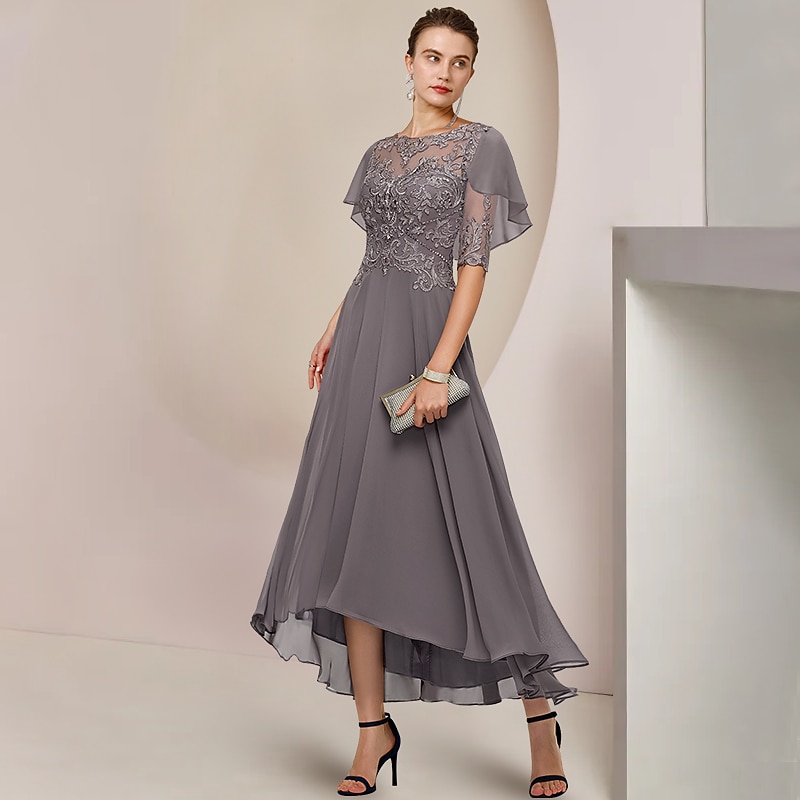 A-Line Mother of the Bride Dress Formal Wedding Guest Elegant Scoop Neck Asymmetrical Tea Length Chiffon Lace Half Sleeve with Beading Appliques