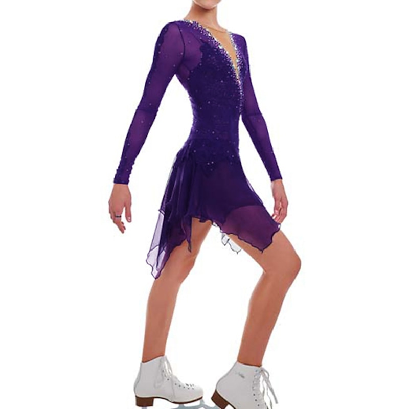 Figure Skating Dress Women's Girls' Ice Skating Dress Violet Patchwork Mesh Spandex High Elasticity Training Competition Skating Wear Handmade Crystal / Rhinestone Long Sleeve Ice Skating Figure2