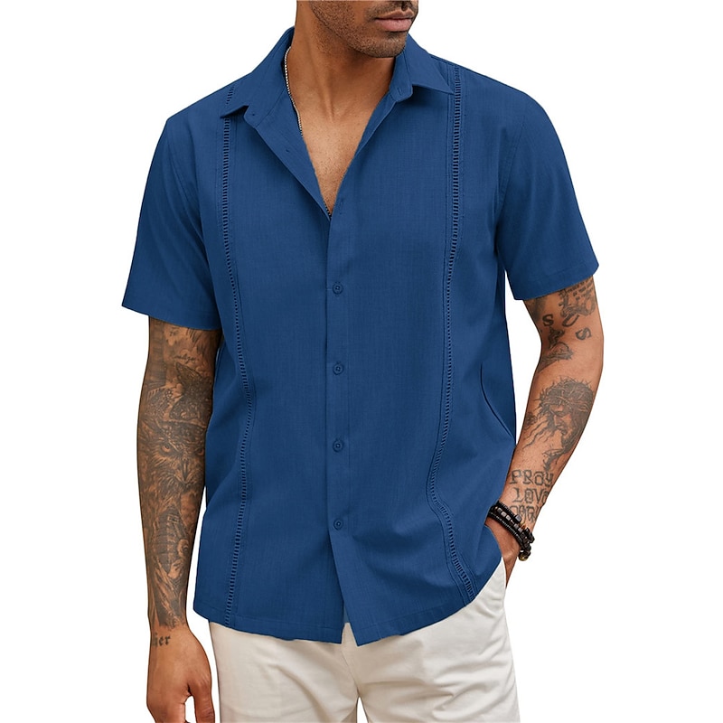 Men's Shirt Summer Shirt Casual Shirt Beach Shirt Button Up Shirt Black White Dark Blue Gray Short Sleeve Plain Lapel Vacation Daily Clothing Apparel Cotton Cotton Blend Fashion Casual Comfortable2