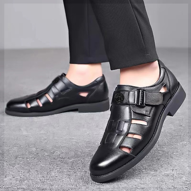 Men's Brown Faux Leather Cut-Out Sandals with Adjustable Buckle, Stylish Breathable Dress Shoes for Summer and Casual Wear3