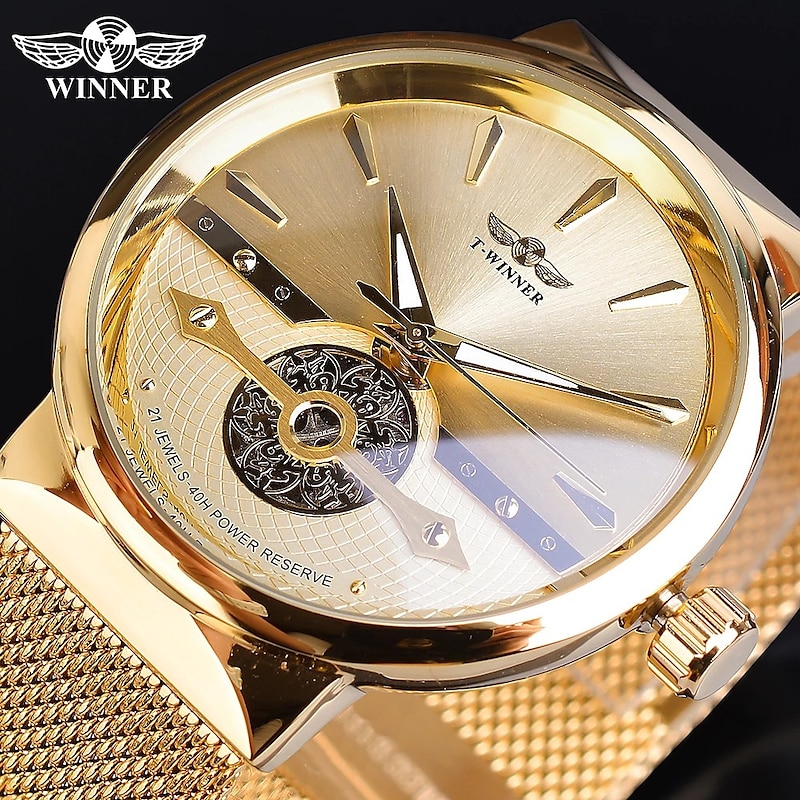 WINNER Men Mechanical Watch Luxury Large Dial Fashion Business Hollow Skeleton Automatic Self-winding Luminous Stainless Steel Watch