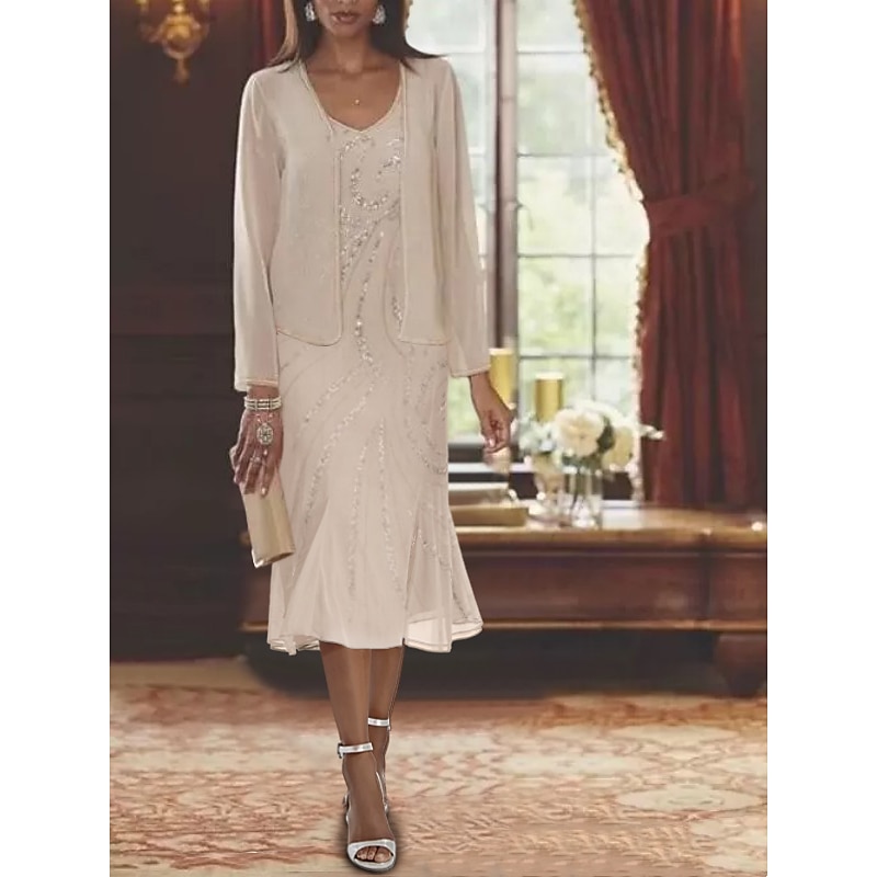 Beach Wedding Two Piece Mermaid Mother of the Bride Dress Formal Wedding Guest Elegant Luxurious V Neck Tea Length Chiffon Sleeveless Wrap Included with Beading Sequin