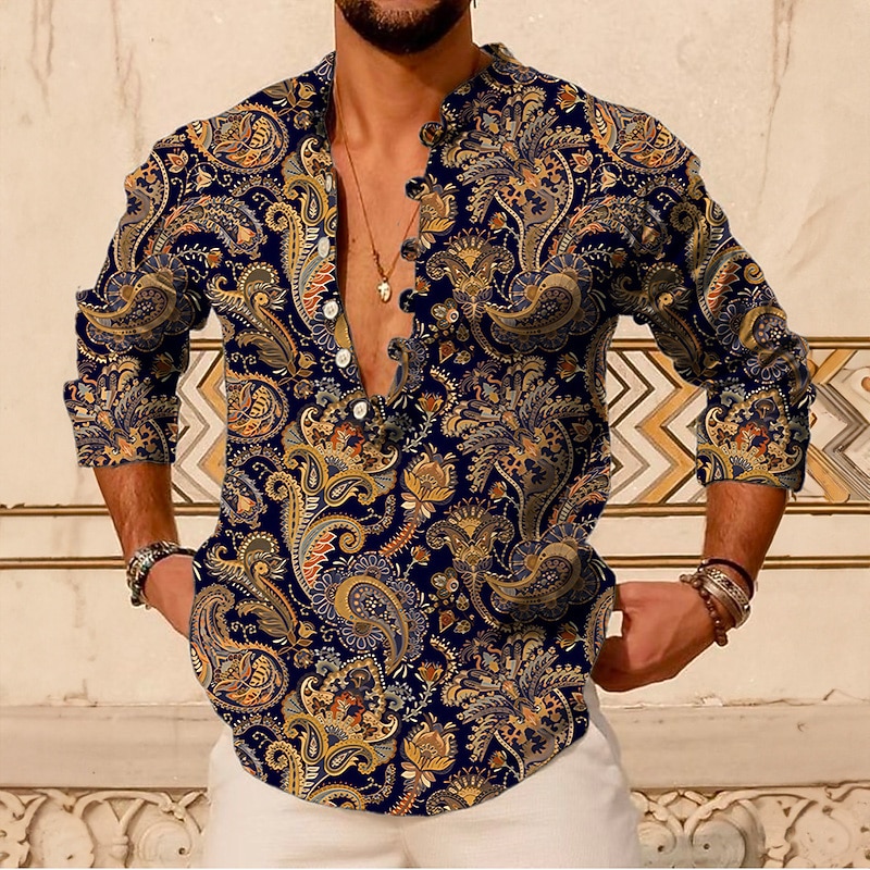 Men's Paisley Vintage Shirt Button Up Shirt Long Sleeve Vintage Fashion Streetwear Outdoor Casual Daily Summer Spring Fall Stand Collar Print Pink Blue Brown Green